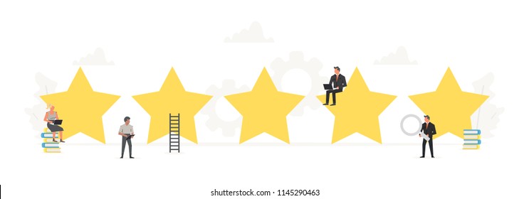 Small working people around big stars. Rating, positive review, quality work, feedback, evaluation system. Illustration for presentations on white background