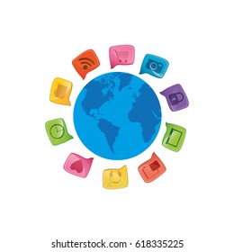 small world map globe with dialogue social icons vector illustration