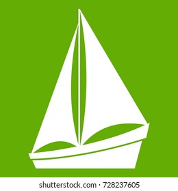 Small yacht icon white isolated on green background. Vector illustration