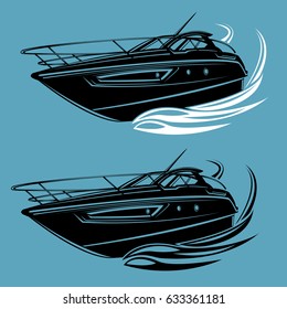 Small yacht isolated illustration. Luxury boat vector. Streamline vessel. Transparent black