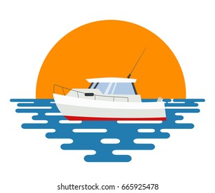 Small yacht with a stylized sea and a sunset. The symbol of summer travel and rest. Vector illustration