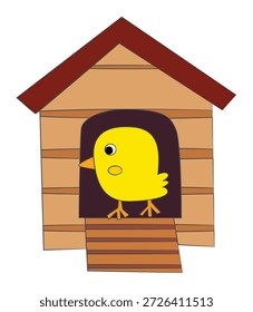 Un pájaro amarillo Pequeño dentro de una pajarera de madera
