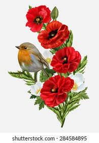 small yellow bird on a background of red poppies, white anemones and green foliage