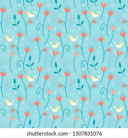 Small yellow bird in orange tulip flower garden and purple berry seamless repeat pattern flora background