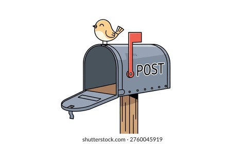 Small yellow bird perched on top of an open grey metal mailbox with a red flag set against a plain white background.