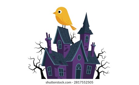 Small yellow bird perched on top of a dark purple gothic castle with leafless trees against a white background.