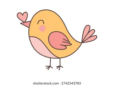 Small yellow bird with pink wings holding a heart in its beak