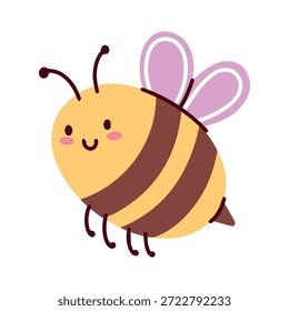Small yellow and black honeybee in flight. Hardworking insect symbol for honey production, nature preservation, and garden themed designs