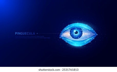 Pequeñas protuberancias amarillas en el cristalino conjuntival de la córnea. Enfermedades oculares comunes pinguéculas. Causa irritación ocular y visión borrosa. Diagnóstico de ciencia médica. Polígono de órgano humano sobre fondo oscuro. Vector.