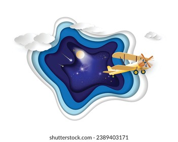 A small yellow cartoon airplane flies through the clouds in the night starry sky with the moon and meteors in paper cut art style. Tourism concept vector illustration.