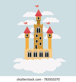 small yellow castle of fairy tales in sky surrounded by clouds in colorful silhouette