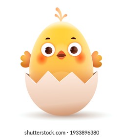 Small yellow chick in an eggshell. Cartoon vector character on white isolated background.