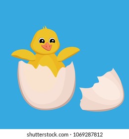 A small yellow chicken appears out of the egg