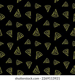 Small yellow contour linear pizza slices isolated on black background. Cute monochrome seamless pattern. Vector simple flat graphic illustration. Texture.