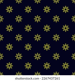 Small yellow contour linear suns and flowers isolated on a dark blue background. Cute monochrome seamless pattern. Vector simple flat graphic illustration. Texture.