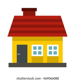 Small yellow cottage with red roof icon in flat style on a white background