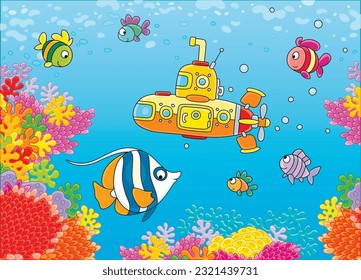 Small yellow deep-sea scientific bathyscaphe among funny exotic fishes on a colorful tropical coral reef in a southern sea, vector cartoon illustration