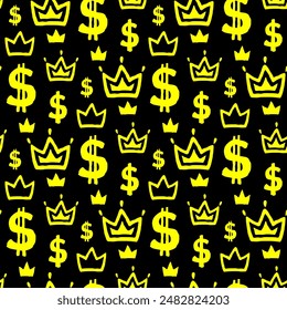 Small yellow dollar signs and crowns isolated on a black background. Monochrome seamless pattern. Vector simple flat graphic hand drawn illustration. Texture.