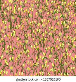 Small yellow flowers and branches on a pink background, vector pattern, handmade, suitable for fabric, paper, textile, decor