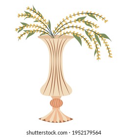 Pequeñas flores amarillas en un jarrón de figuras. Jarrón de flores. Flores primaverales florecientes. Jarrón de ilustraciones con decoración de flores. Ilustración vectorial sobre fondo blanco.