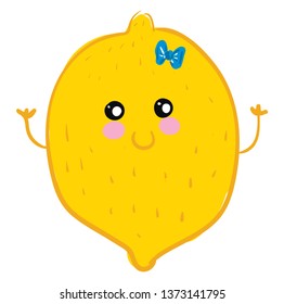 Pequeno limão amarelo com um arco azul na cabeça com um desenho ou ilustração de cor vetor face sorridente 