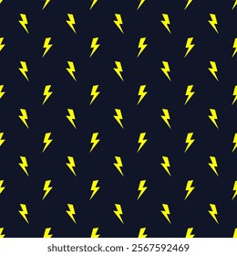 Small yellow lightning bolts isolated on dark blue purple background. Seamless pattern. Vector simple flat graphic illustration. Texture.