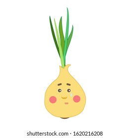 Small yellow onion is crying. Vector illustration. Isolated on white background. Cooking elements and objects. Nutrilon ingredient.