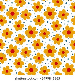 Small yellow orange flowers and dots isolated on white background. Cute floral seamless pattern. Vector simple flat graphic illustration. Texture.