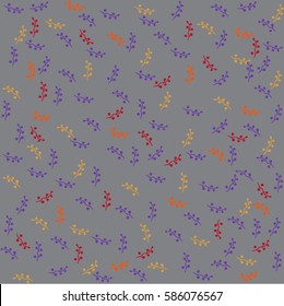 Small yellow, orange, red and purple twig with seeds, buds on gray background. Gentle seamless pattern. Freehand drawing vector  design.
