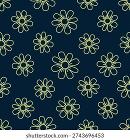 Small yellow outline linear flowers isolated on a dark green-blue background. Floral seamless pattern. Simple flat vector graphic illustration. Texture.