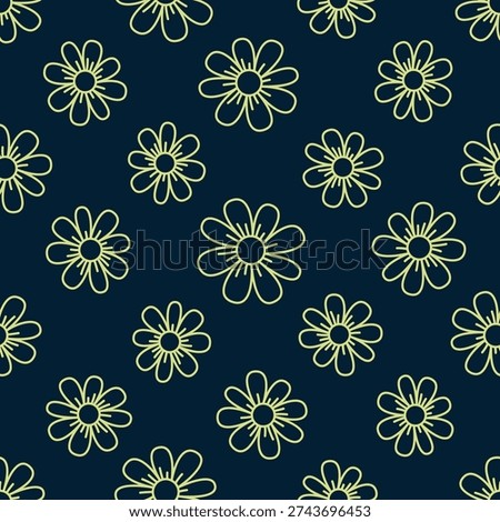 Small yellow outline linear flowers isolated on a dark green-blue background. Floral seamless pattern. Simple flat vector graphic illustration. Texture.