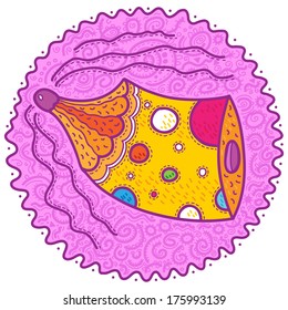 Small yellow pencil with dots on a pink background with ornament