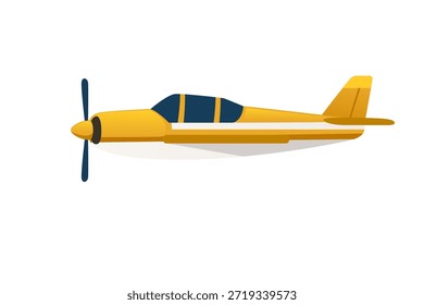 Pequeño avión de hélice amarillo, colores brillantes y soleados, diseño de un solo motor clásico, forma aerodinámica elegante, estilo plano profesional limpio, aislado sobre fondo blanco. Ilustración vectorial.
