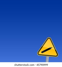 Small yellow road hazard warning sign with gas symbol on sky background