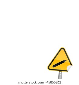 Small yellow road hazard warning sign with gas symbol and with curved corner on white background