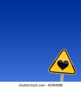 Small yellow road hazard warning sign with heart symbol on sky background