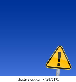 Small yellow road warning sign with exclamation mark symbol on blue background