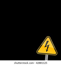 Small yellow road warning sign with high voltage symbol on black background