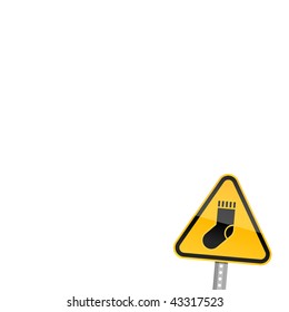 Small yellow road warning sign with sock symbol on white background