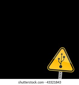 Small yellow road warning sign with usb symbol on black background
