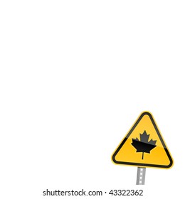 Small yellow road warning sign with canadian maple leaf symbol on white background