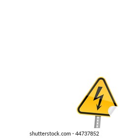 Small yellow road warning sign with high voltage symbol and with curved corner on white background