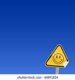 Small yellow road warning sign with smiley symbol with curved corner on a sky background