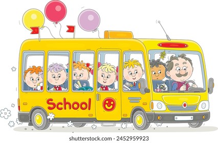 Small yellow school bus with a smiling driver and noisy company of funny little schoolchildren passengers, vector cartoon illustration isolated on a white background