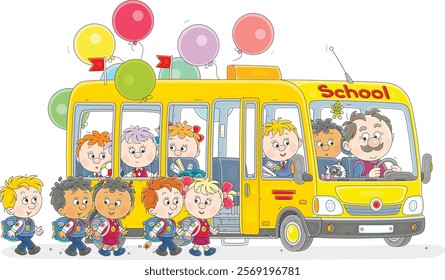 Small yellow school bus with a smiling driver and noisy company of funny little schoolchildren passengers boarding and going to ride, vector cartoon illustration isolated on a white background