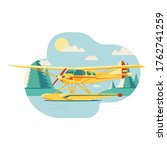 A small yellow screw hydroplane landed on the water near the shore in the forest. Vector illustration in flat design style.