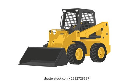 Small yellow skid steer loader construction vehicle with front bucket and enclosed operator cabin design.