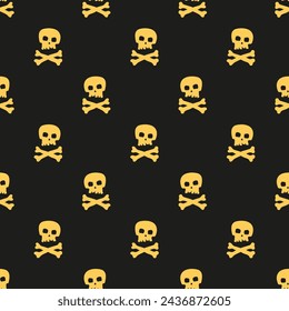 Small yellow skulls and crossbones isolated on a black background. Monochrome seamless pattern. Vector simple flat graphic illustration. Texture.