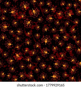 small yellow spiders with red spider webs seamless pattern for halloween vector illustration