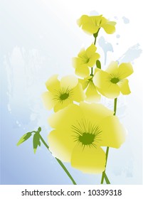 Small yellow Spring flowers on blue background with paint texture